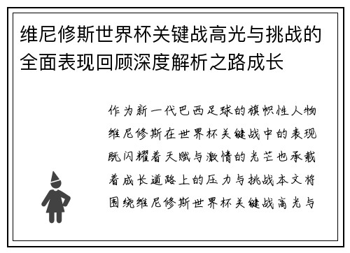 维尼修斯世界杯关键战高光与挑战的全面表现回顾深度解析之路成长